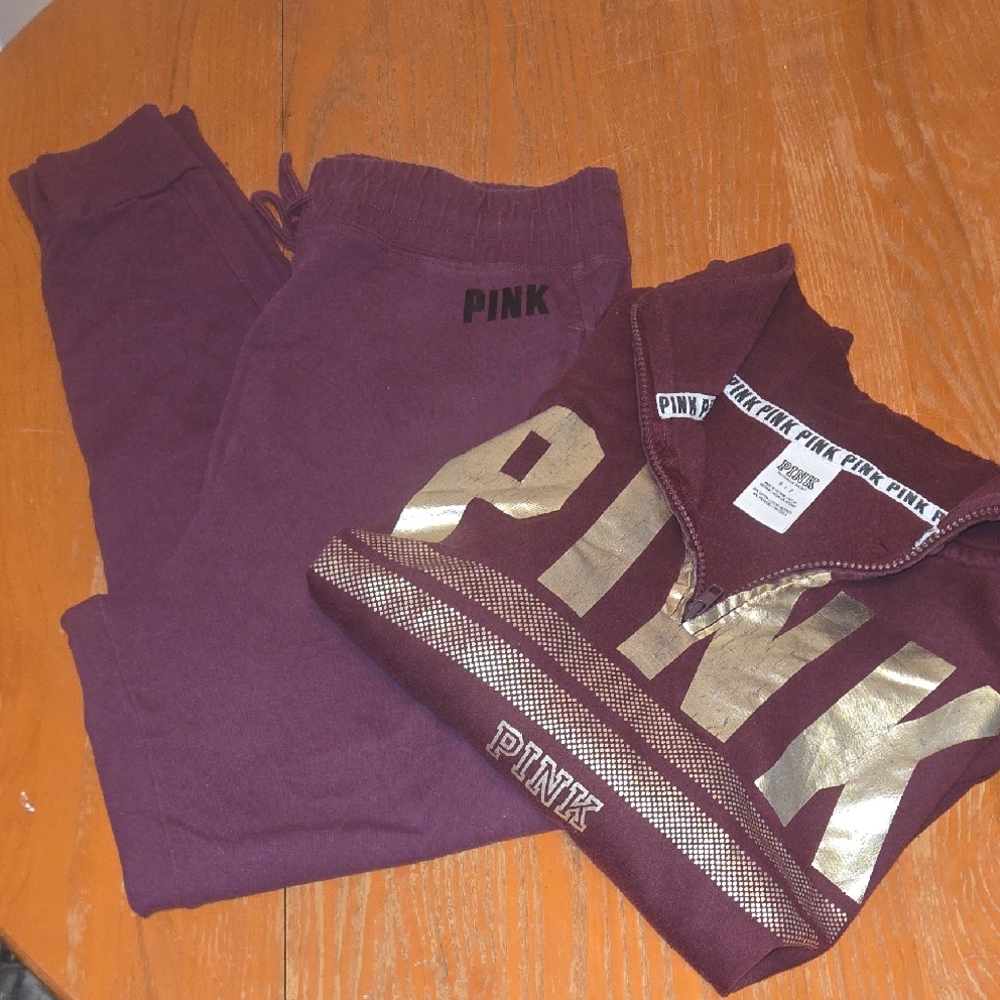 PINK Victoria's Secret Maroon/Gold Logo Jogger Set